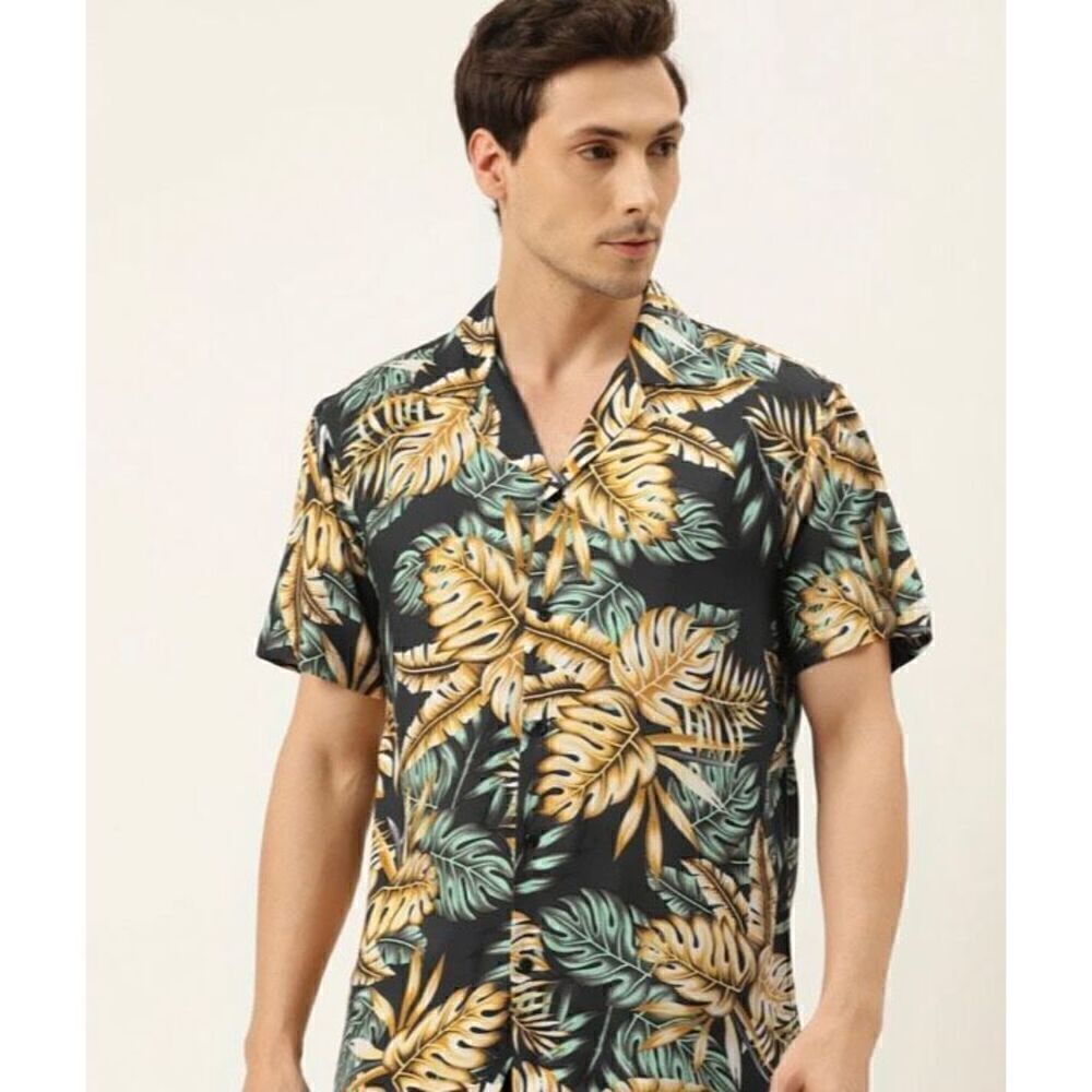 Denim & Flower men’s black printed viscose relaxed fit casual Hawaiian shirt S/M